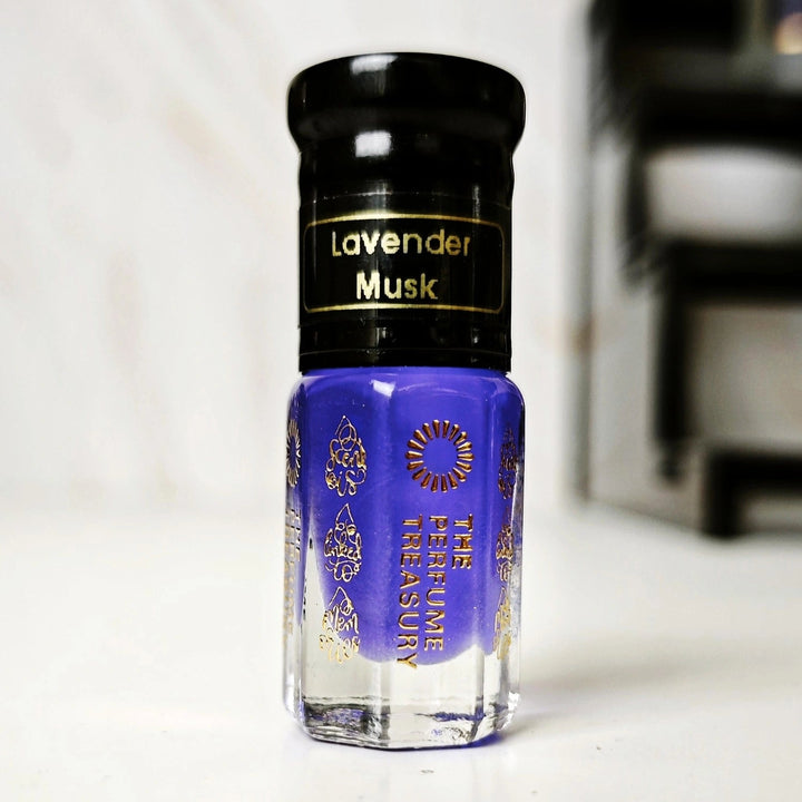 Lavender Musk perfume oil bottle with rich purple lavender musk oil and premium luxury bottle design.