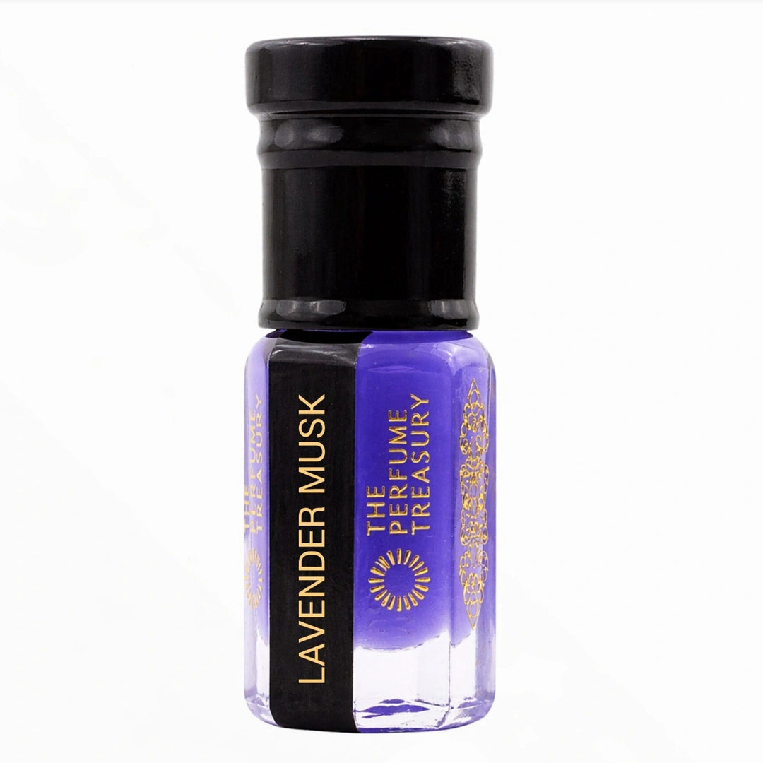 Lavender Musk Tahara perfume oil bottle by The Perfume Treasury with vibrant purple lavender musk oil on a clean white background.
