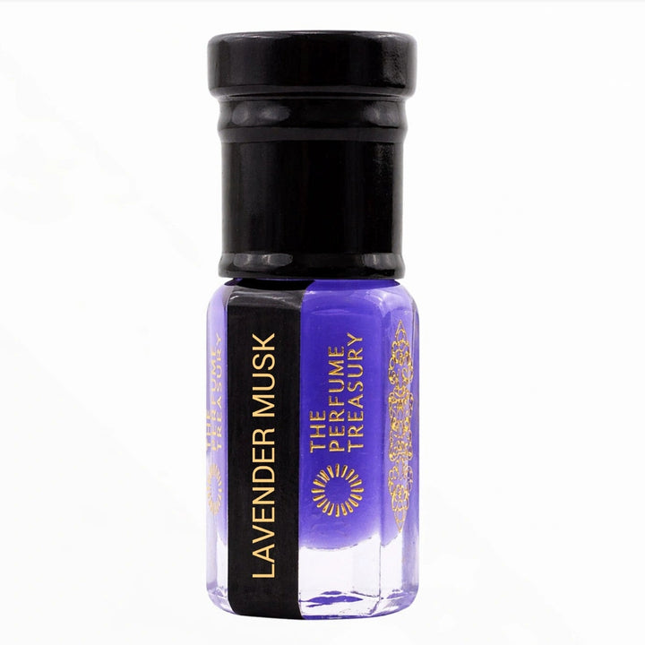 Lavender Musk Tahara perfume oil bottle by The Perfume Treasury with vibrant purple lavender musk oil on a clean white background.