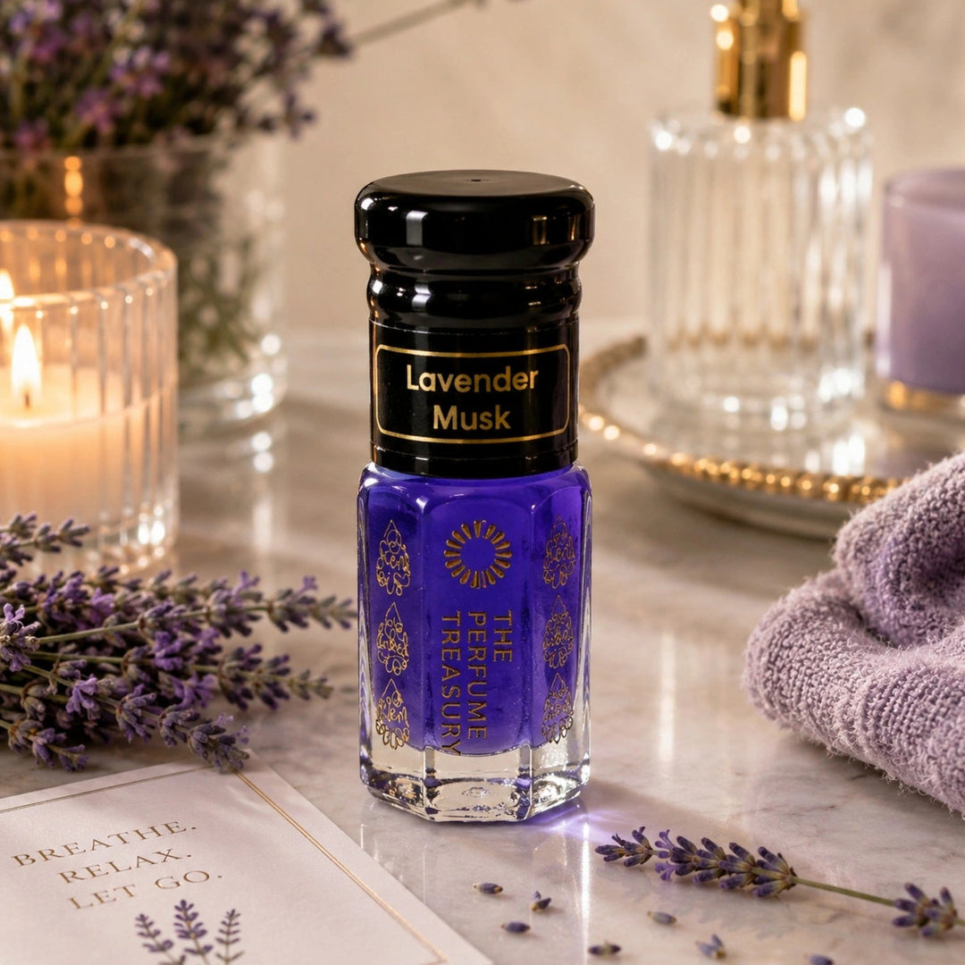 Lavender Musk tahara perfume oil surrounded by fresh lavender sprigs and calming spa-inspired luxury décor.