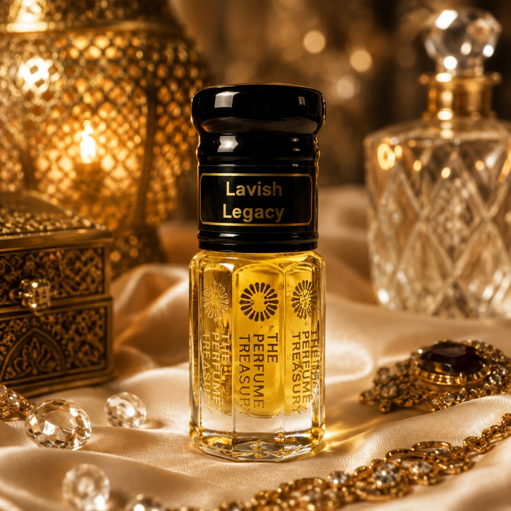Lavish Legacy perfume oil by The Perfume Treasury displayed on champagne satin with ornate gold accessories and warm luxurious lighting.
