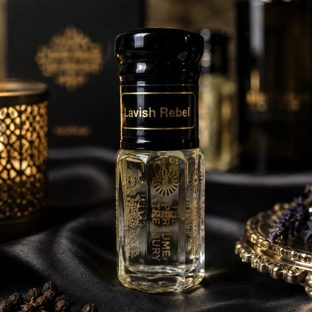 Lavish Rebel perfume oil by The Perfume Treasury displayed on black satin with warm gold accents in a dark, sophisticated fragrance setting.