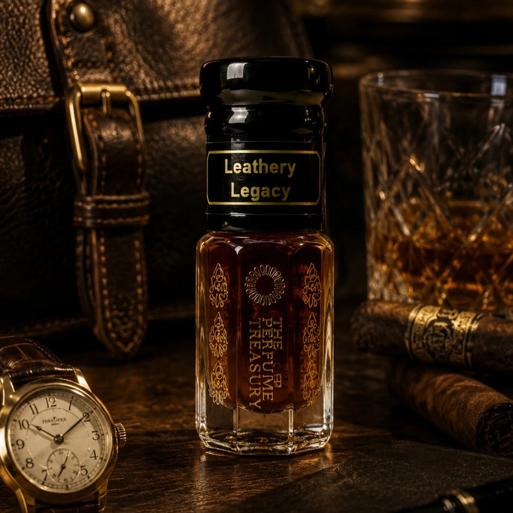 Leathery Legacy perfume oil by The Perfume Treasury displayed with rich leather, a vintage watch, crystal glass and cigars in a dark luxurious setting.