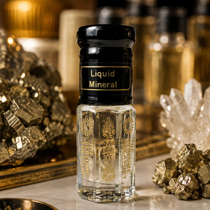 Liquid Mineral perfume oil by The Perfume Treasury displayed with metallic mineral crystals and quartz in a luxurious gold-toned setting.