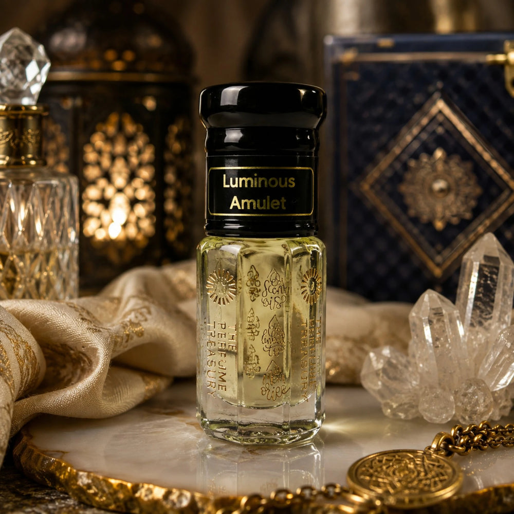 Luminous Amulet perfume oil by The Perfume Treasury displayed with quartz crystals, gold jewellery and luxurious decorative accents.