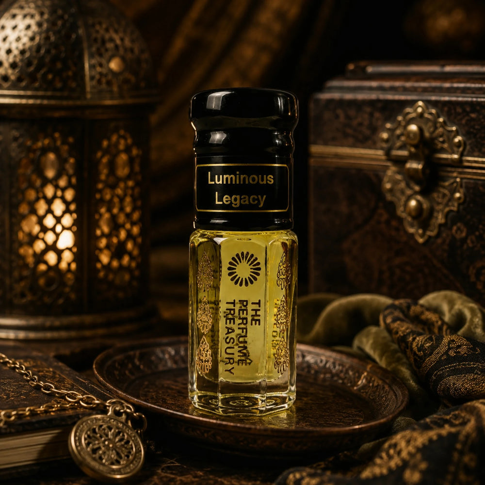 Luminous Legacy perfume oil by The Perfume Treasury displayed in an elegant dark gold setting with ornate lanterns and vintage accessories.