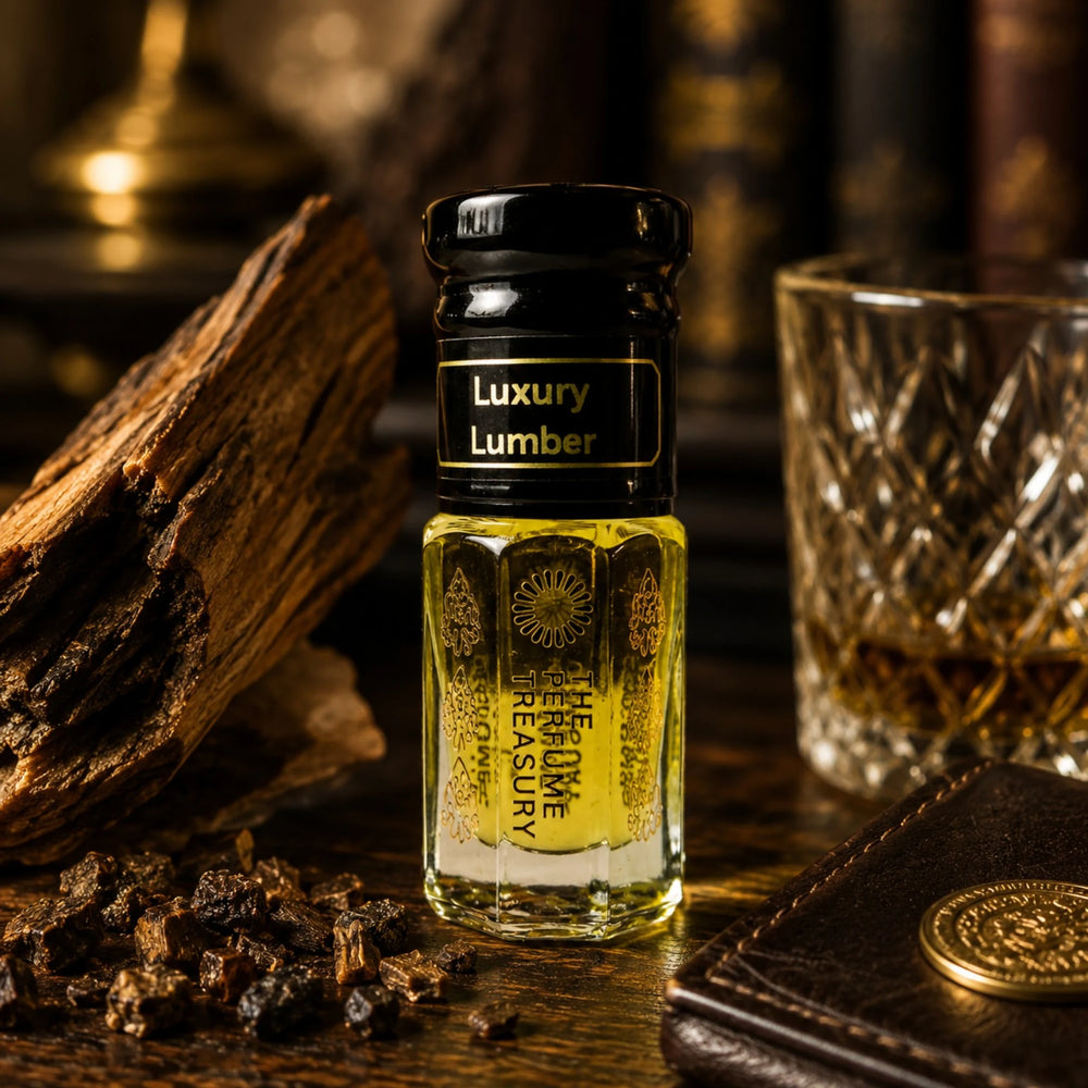 Luxury Lumber perfume oil by The Perfume Treasury displayed with rich woods, dark leather and warm amber accents in a luxurious woody setting.