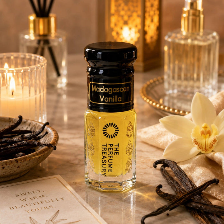 Madagascan Vanilla musk tahara perfume oil with vanilla pods, orchid flower and warm creamy gourmand styling.