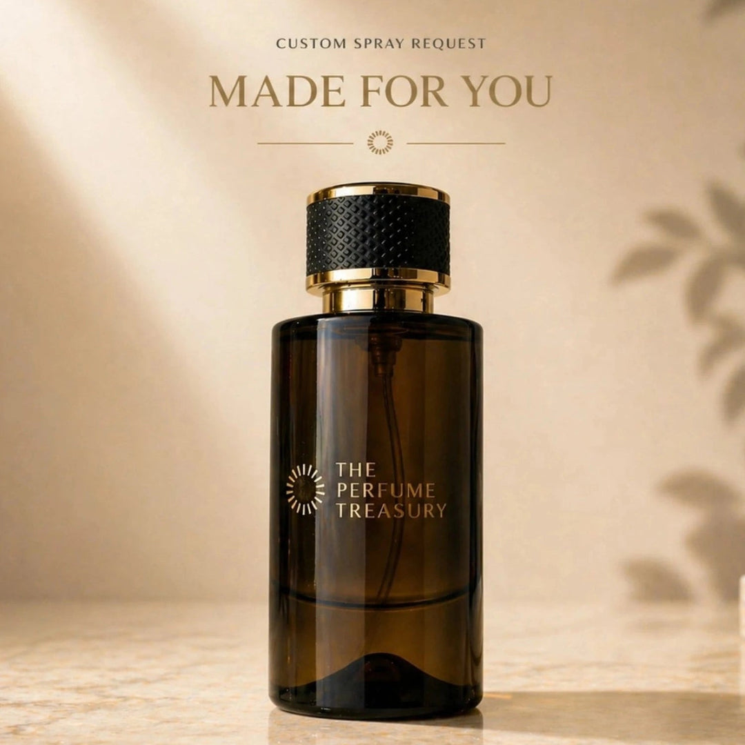 Made For You custom spray request by The Perfume Treasury featuring a premium 50ml dark amber glass parfum bottle with gold detailing, allowing customers to transform their favourite perfume oil into a bespoke luxury spray fragrance.