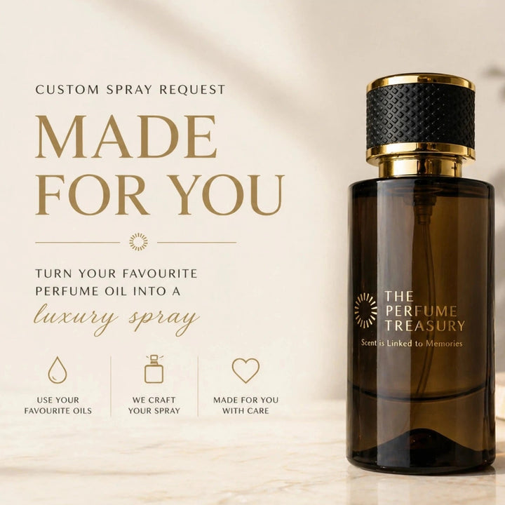 The Perfume Treasury Made For You custom spray service advertisement showing a luxury 50ml parfum bottle alongside information explaining how customers can turn their favourite perfume oils into handcrafted spray perfumes.
