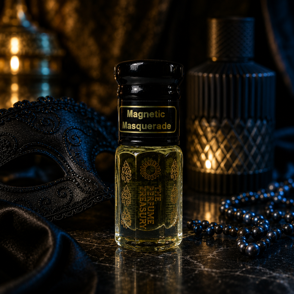 Magnetic Masquerade perfume oil by The Perfume Treasury displayed with an ornate masquerade mask, dark pearls and warm ambient lighting in a mysterious luxury setting.