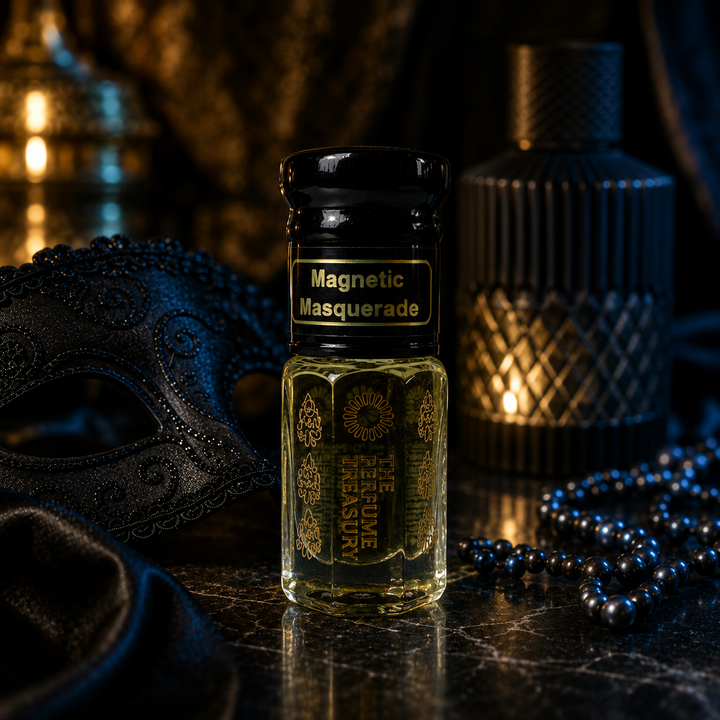 Magnetic Masquerade perfume oil by The Perfume Treasury displayed with an ornate masquerade mask, dark pearls and warm ambient lighting in a mysterious luxury setting.