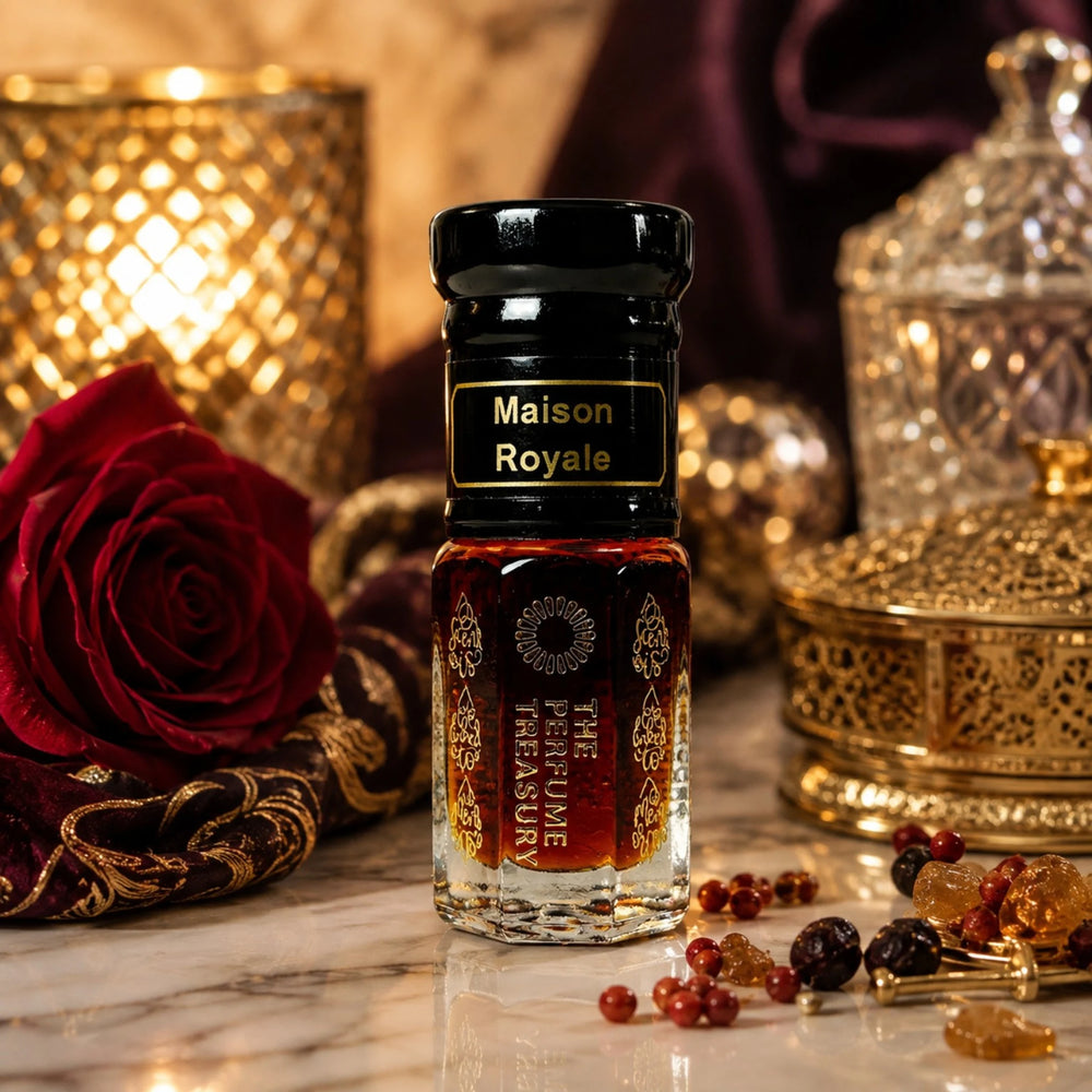 Maison Royale perfume oil by The Perfume Treasury displayed with a deep red rose, ornate gold accessories and warm ambient lighting in a luxurious setting.