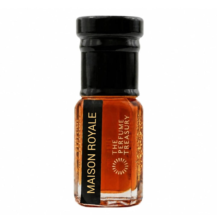 Maison Royale perfume oil by The Perfume Treasury in a clear glass attar bottle with black cap and rich amber-coloured fragrance oil.