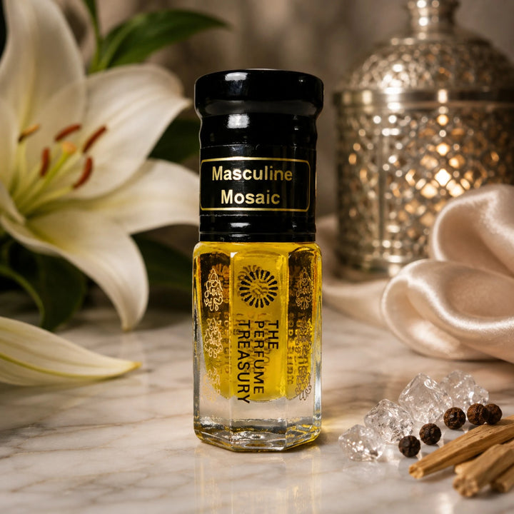Masculine Mosaic perfume oil by The Perfume Treasury displayed with white lily, woods and spices in an elegant warm setting.