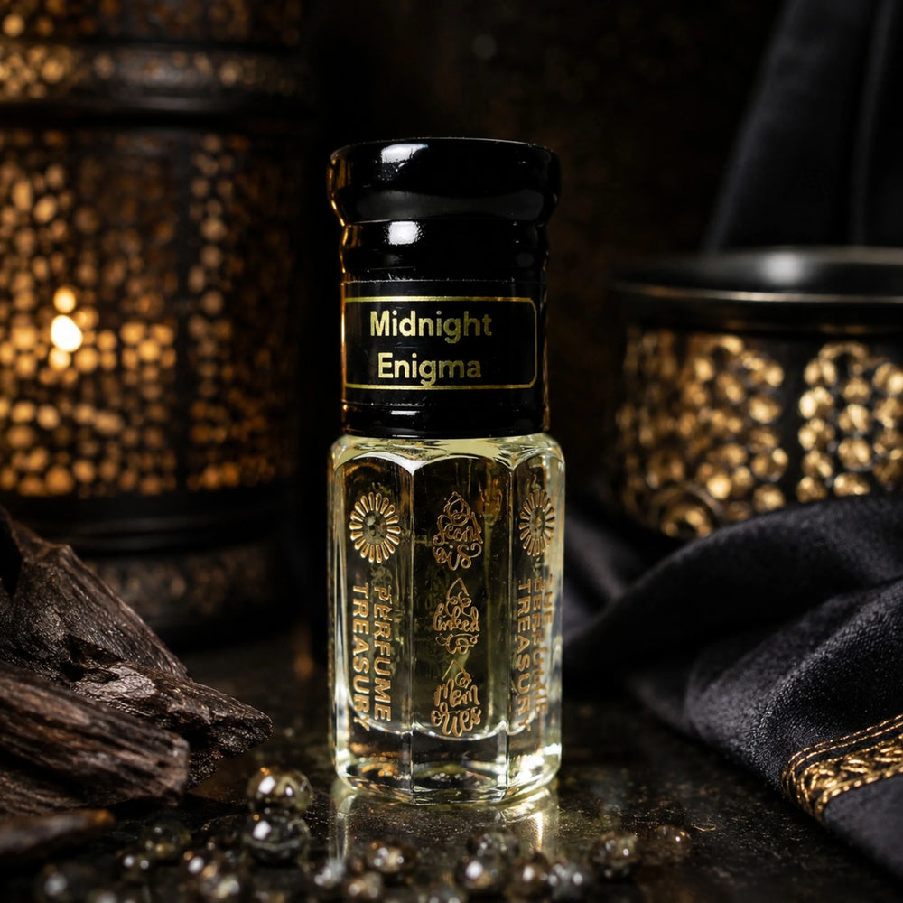 Midnight Enigma perfume oil by The Perfume Treasury displayed with dark woods, warm lantern light and luxurious black fabric.