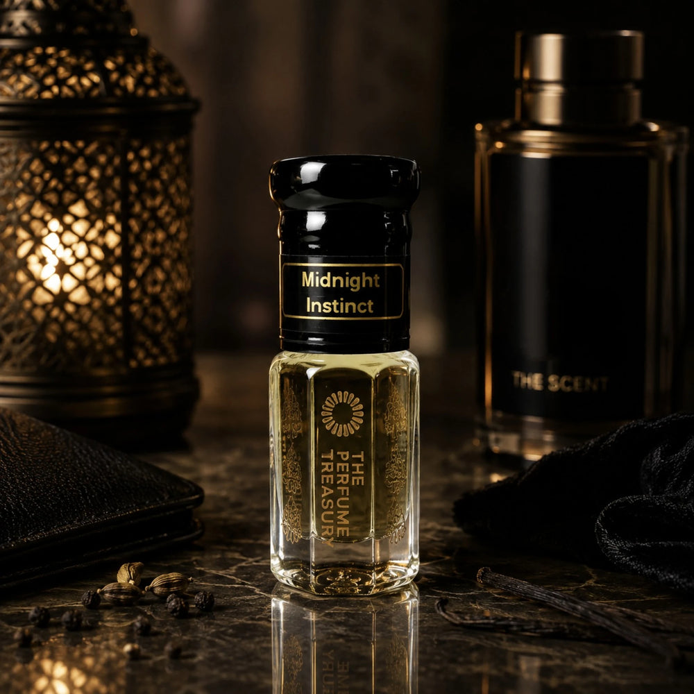Midnight Instinct perfume oil by The Perfume Treasury displayed in a sophisticated dark setting with warm lantern light, spices and vanilla.