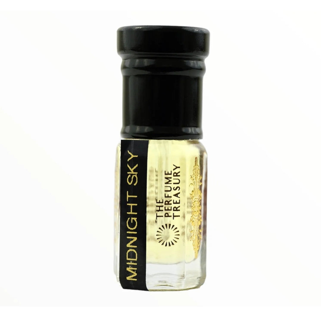 Midnight Sky 3ml attar perfume oil bottle by The Perfume Treasury with light transparent fragrance oil, clear glass bottle with black cap on white background.