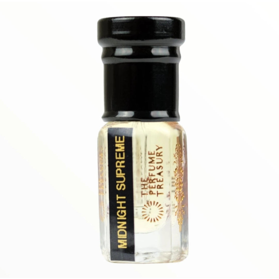 Midnight Supreme attar perfume oil 3ml by The Perfume Treasury in clear glass bottle with black cap and subtle golden fragrance oil on white background.