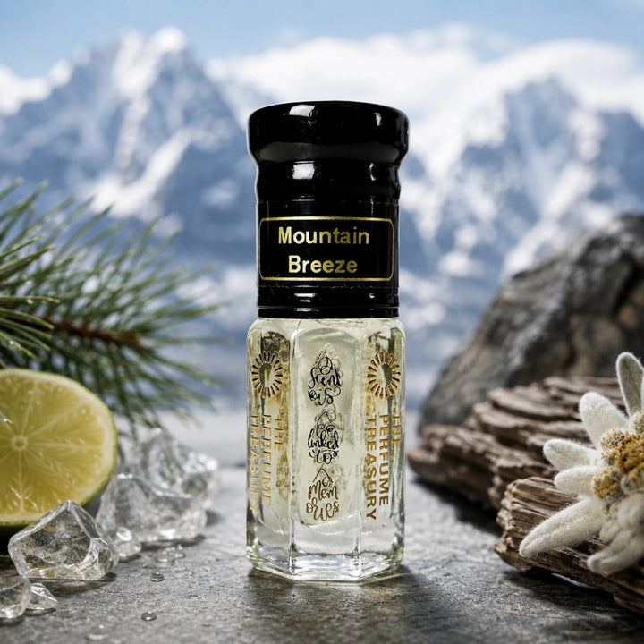 Mountain Breeze perfume oil by The Perfume Treasury displayed against snowy mountains with citrus, pine, ice and alpine botanicals.