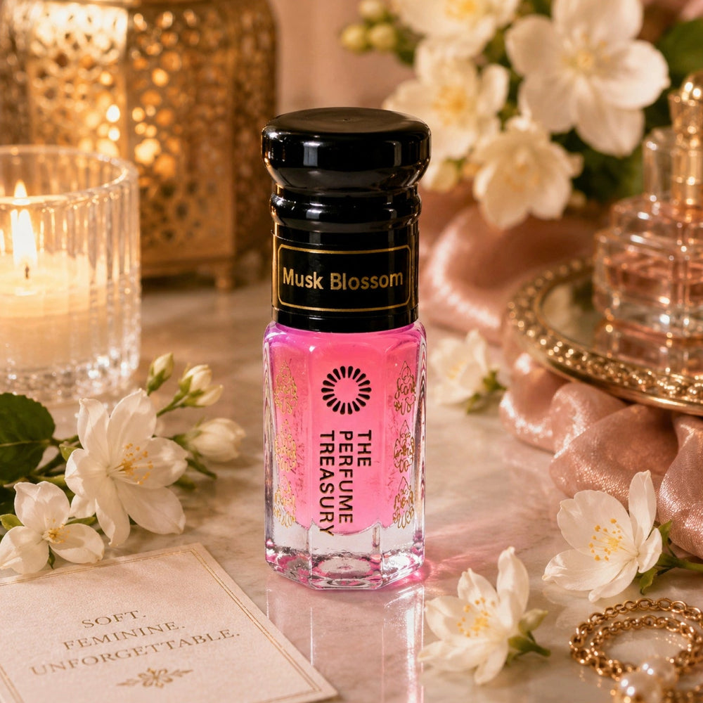 Musk Blossom tahara perfume oil with delicate white blossoms and soft pink floral luxury fragrance styling.