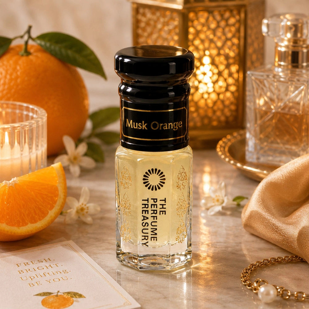 Musk Orange tahara perfume oil with fresh oranges and bright citrus-inspired luxury fragrance presentation.