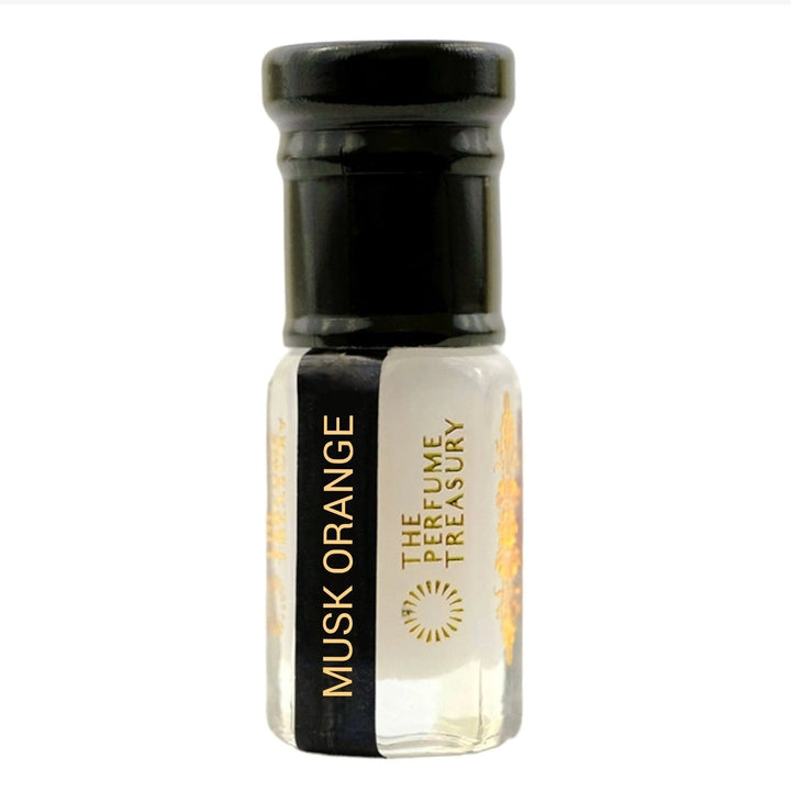 Musk Orange Tahara perfume oil bottle by The Perfume Treasury with fresh creamy citrus musk oil on a clean white background.