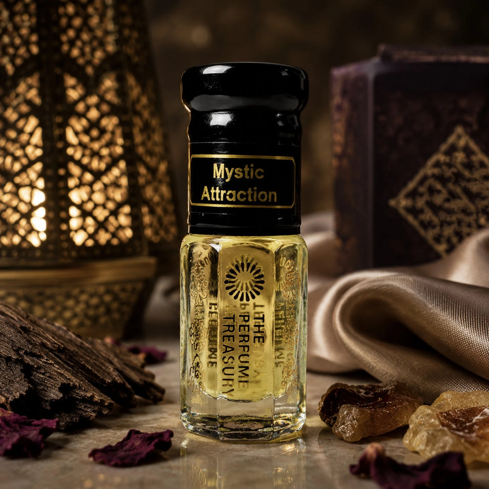 Mystic Attraction perfume oil by The Perfume Treasury displayed in a luxurious warm setting with oud wood, resins, dried rose petals and golden fabric.