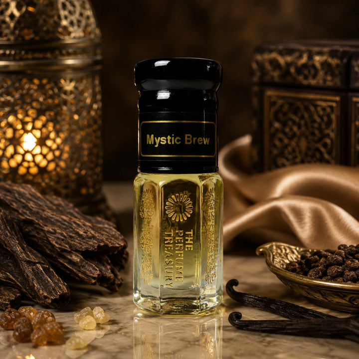 Mystic Brew perfume oil by The Perfume Treasury displayed in a warm luxurious setting with dark woods, vanilla, spices, resins and golden fabric.