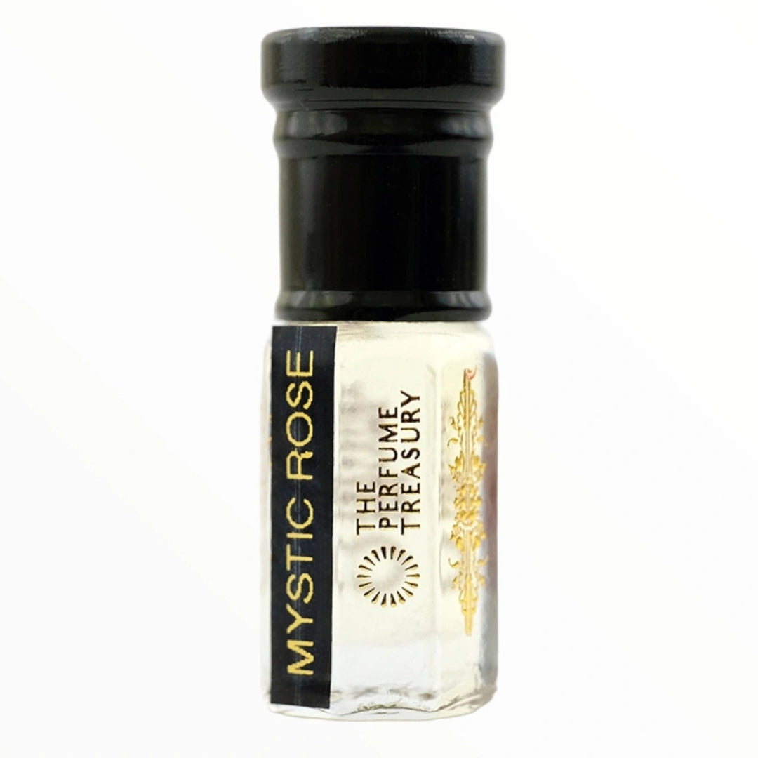 Mystic Rose Musk Tahara perfume oil bottle by The Perfume Treasury with elegant clear rose musk oil on a clean white background.