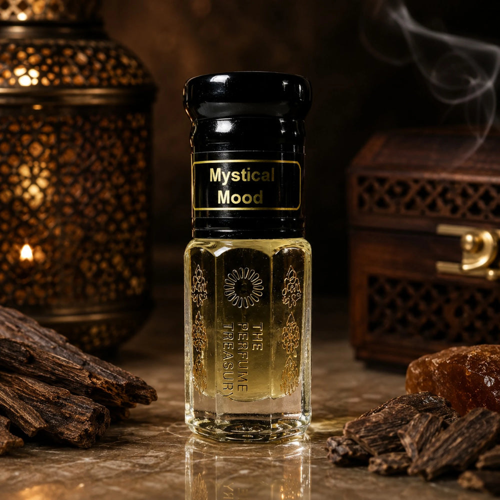 Mystical Mood perfume oil by The Perfume Treasury displayed in a dark luxurious setting with oud wood, warm lantern light and aromatic smoke.