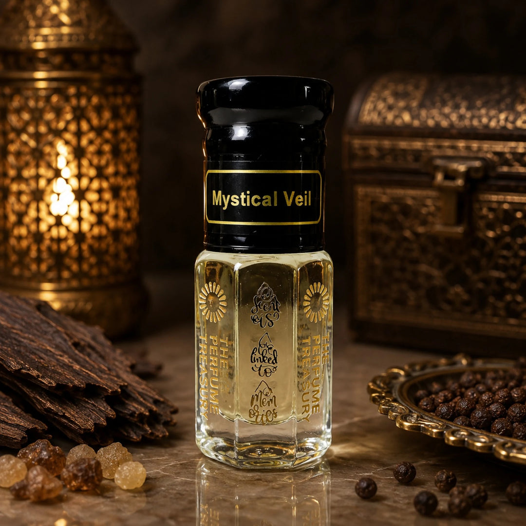 Mystical Veil perfume oil by The Perfume Treasury displayed in a luxurious warm setting with oud wood, resins, spices and ornate golden décor.