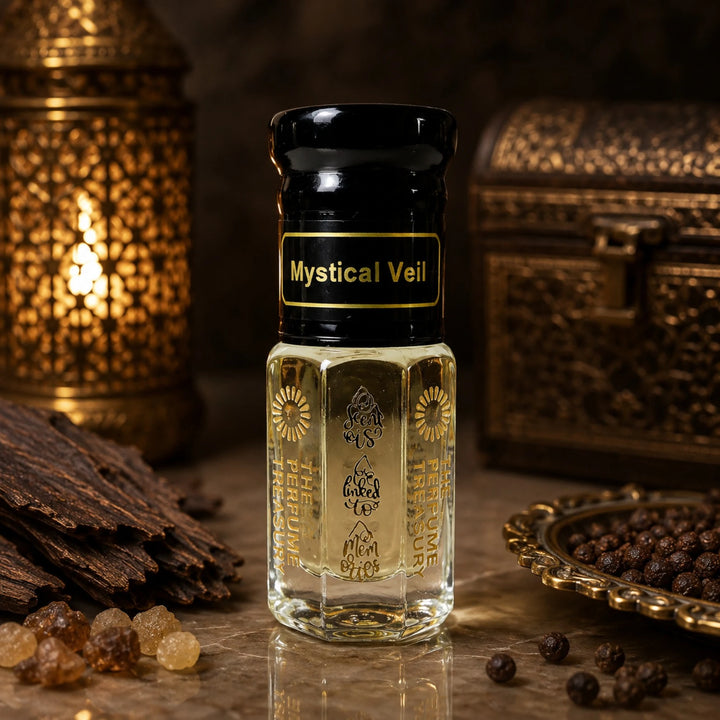 Mystical Veil perfume oil by The Perfume Treasury displayed in a luxurious warm setting with oud wood, resins, spices and ornate golden décor.