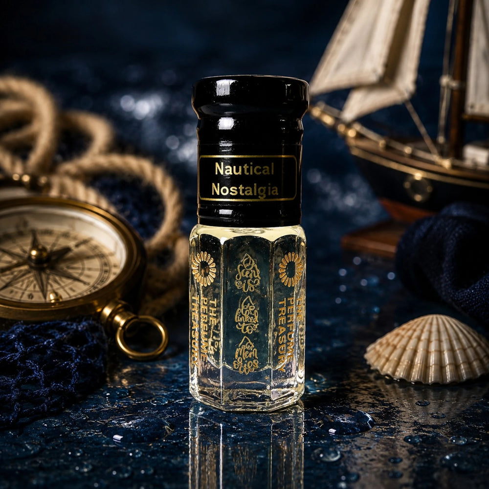 Nautical Nostalgia perfume oil by The Perfume Treasury in a luxurious nautical setting with a brass compass, sailing ship, rope, seashell and deep blue ocean-inspired backdrop.