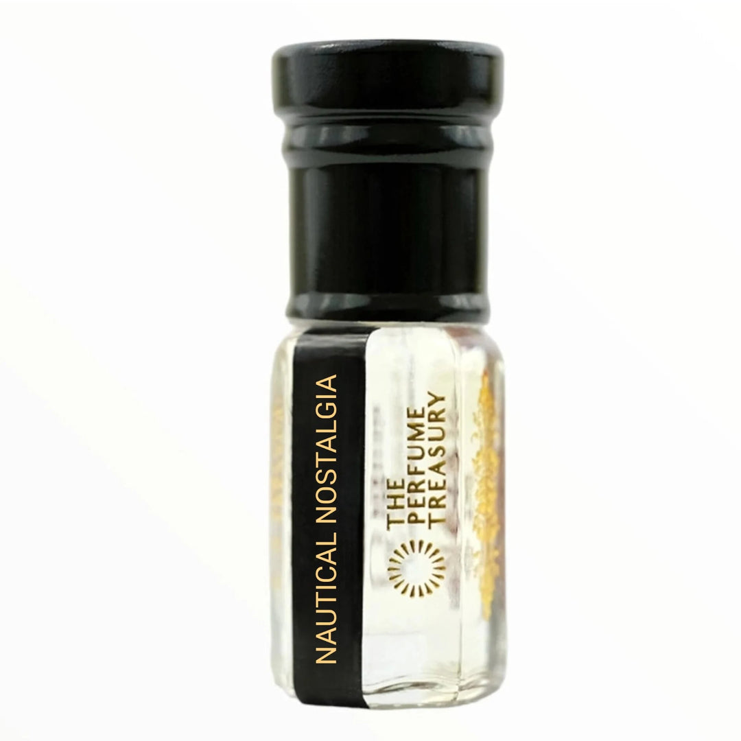 Nautical Nostalgia perfume oil by The Perfume Treasury in a clear glass attar bottle with black cap and clear fragrance oil.