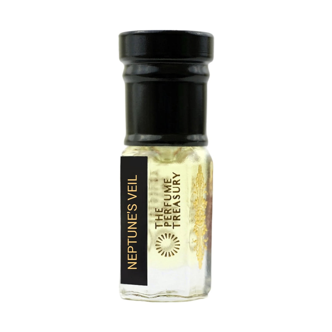 Neptune's Veil perfume oil by The Perfume Treasury in a clear glass attar bottle with black cap and pale golden fragrance oil.