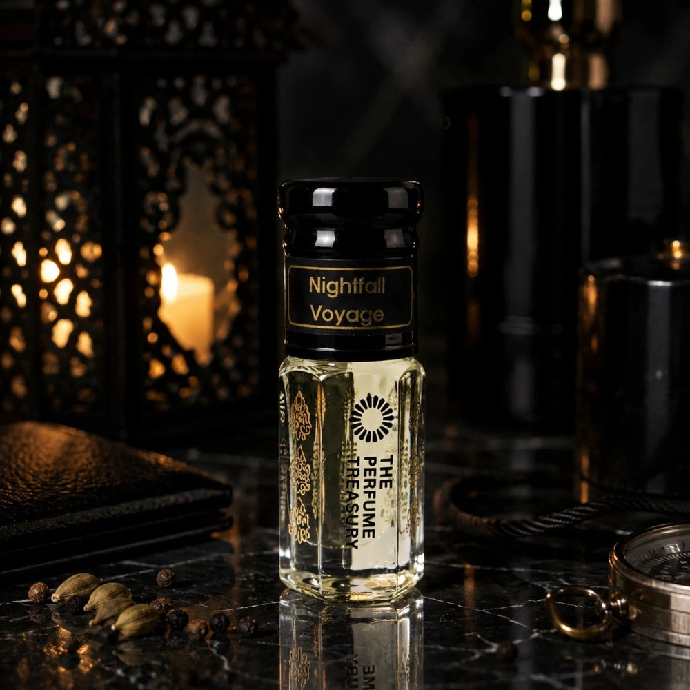 Nightfall Voyage perfume oil by The Perfume Treasury displayed in a dark luxury setting with warm candlelight, spices and elegant accessories.