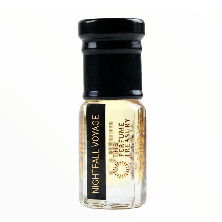 Nightfall Voyage perfume oil by The Perfume Treasury in a clear glass attar bottle with black cap and pale golden fragrance oil.