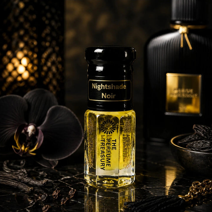 Nightshade Noir perfume oil by The Perfume Treasury displayed in a dark luxurious setting with a black orchid, warm golden lighting and elegant fragrance details.