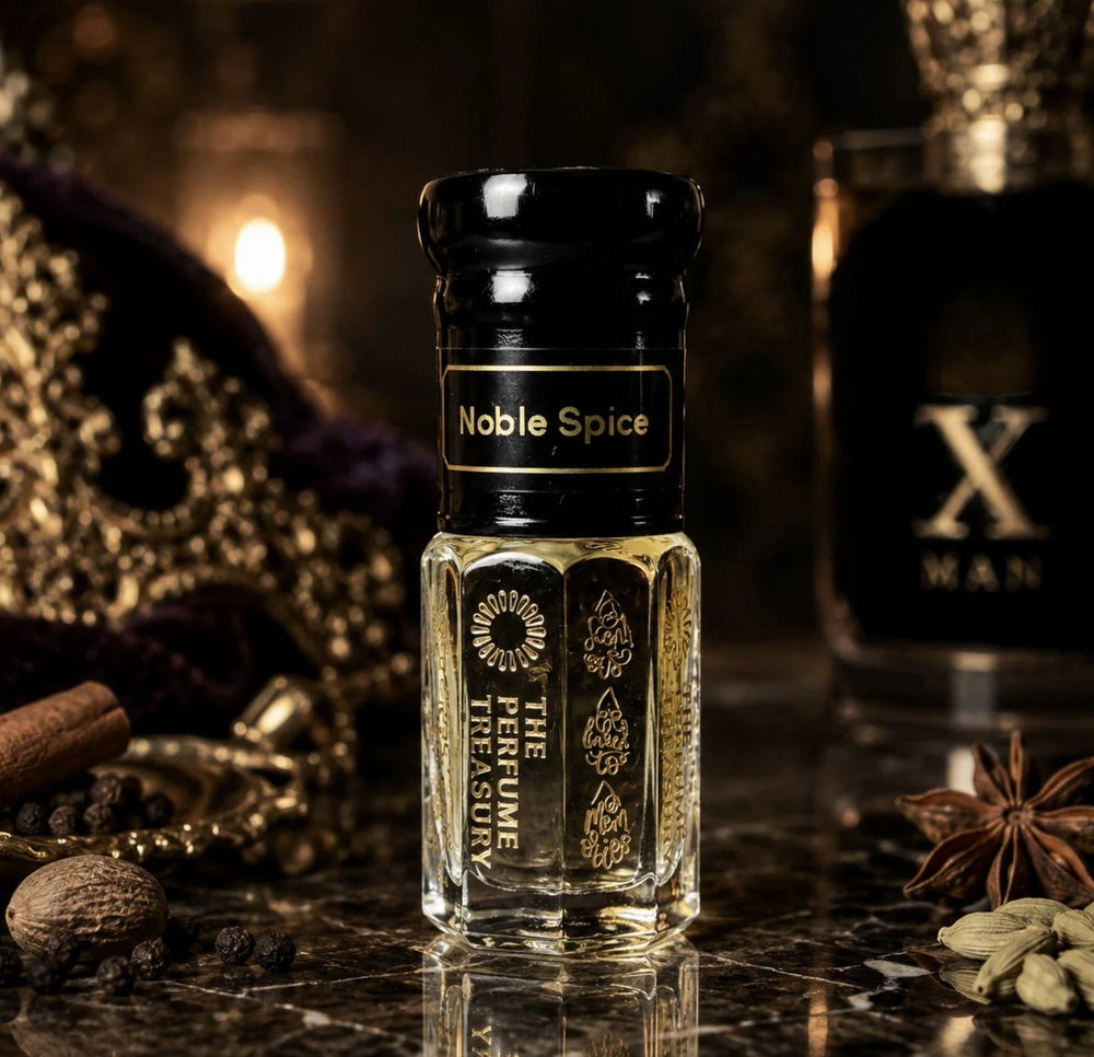 Noble Spice perfume oil by The Perfume Treasury displayed in a luxurious dark setting with warm golden lighting, cinnamon, star anise, cardamom and aromatic spices.