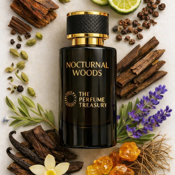 Nocturnal Woods Extrait de Parfum bottle surrounded by rosewood, cardamom pods, Sichuan pepper, bergamot, oud wood, lavender, vanilla pods, amber resin and vetiver roots in a luxurious woody oriental composition.