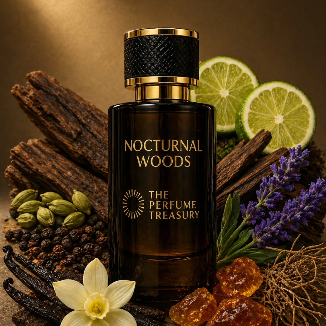 Nocturnal Woods Extrait de Parfum by The Perfume Treasury displayed with oud wood, cardamom, lavender, citrus, vanilla and amber resin notes in a rich woody aromatic fragrance setting.