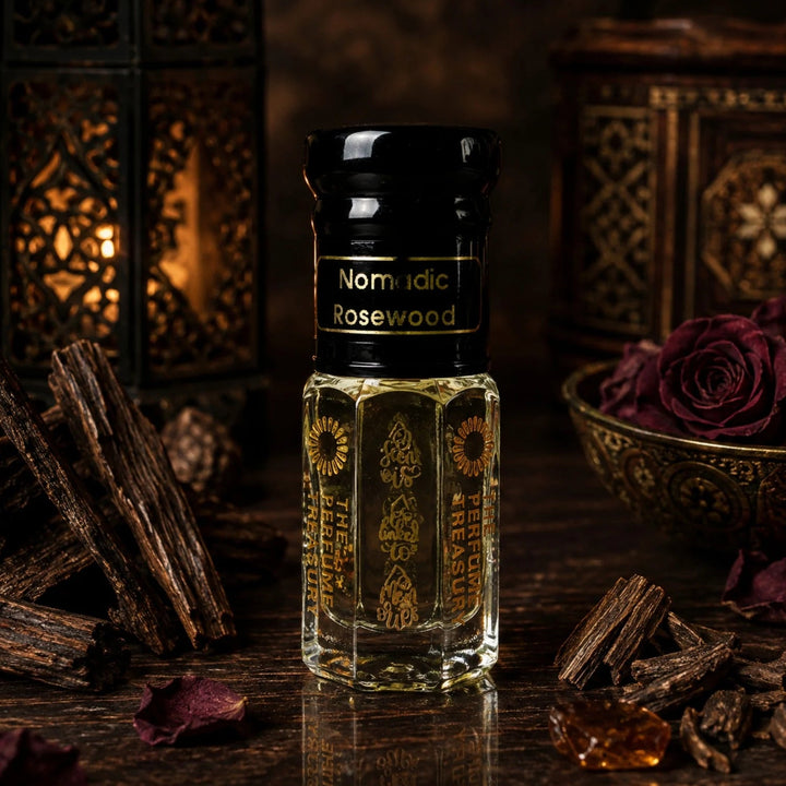 Nomadic Rosewood perfume oil by The Perfume Treasury displayed in a dark luxurious setting with rich rosewood, deep red roses, amber resin and warm lantern light.