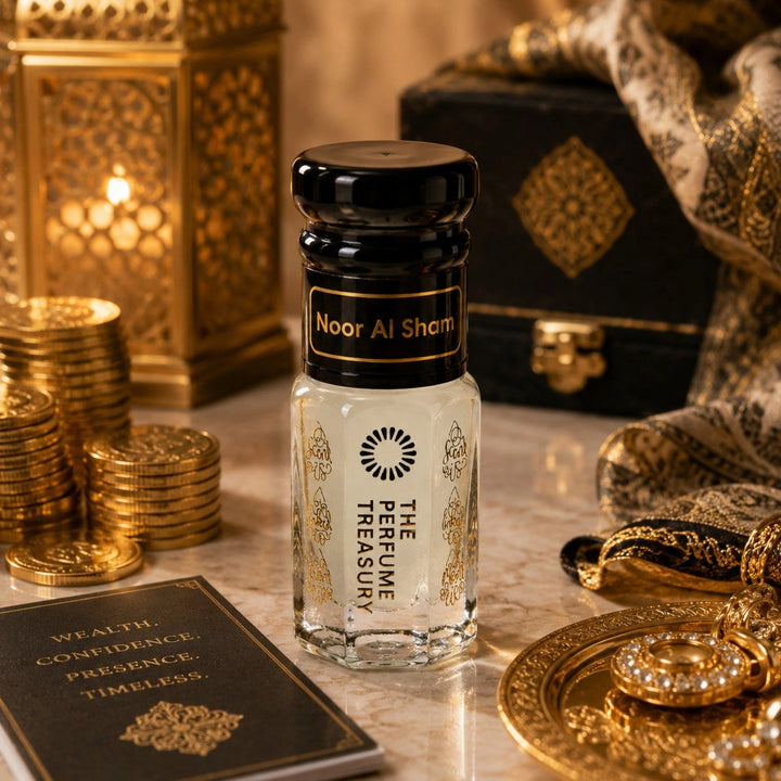 Noor Al Sham musk tahara perfume oil with gold coins, Arabian décor and luxurious wealth-inspired presentation.