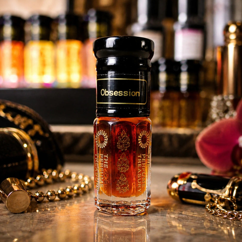 Obsession perfume oil by The Perfume Treasury displayed in a luxurious vanity setting with warm golden lighting, elegant jewellery and rich amber fragrance oil.