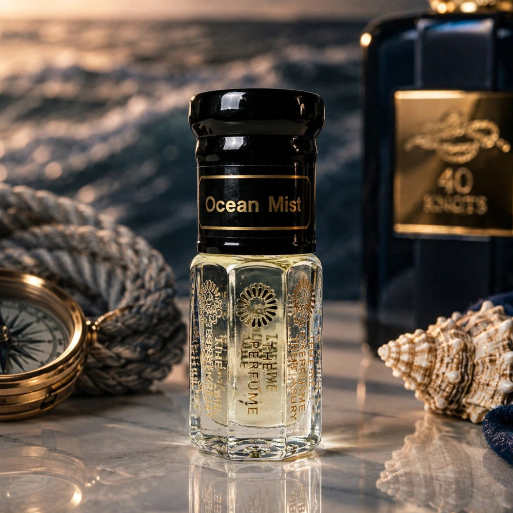 Ocean Mist perfume oil by The Perfume Treasury displayed in a luxurious nautical setting with ocean waves, seashells, rope and a brass compass.