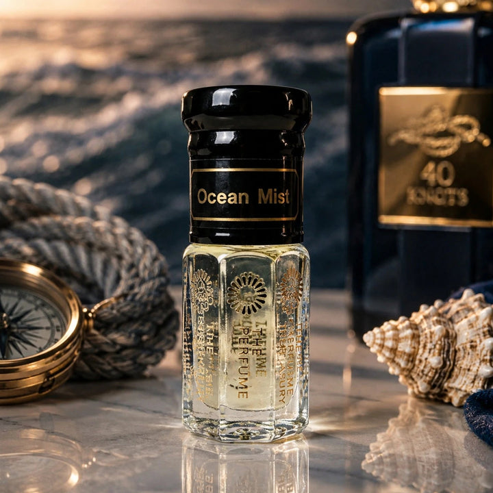 Ocean Mist perfume oil by The Perfume Treasury displayed in a luxurious nautical setting with ocean waves, seashells, rope and a brass compass.