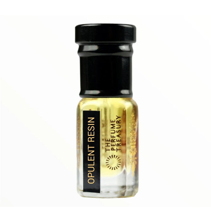Opulent Resin perfume oil by The Perfume Treasury in a clear glass attar bottle with black cap and golden fragrance oil.