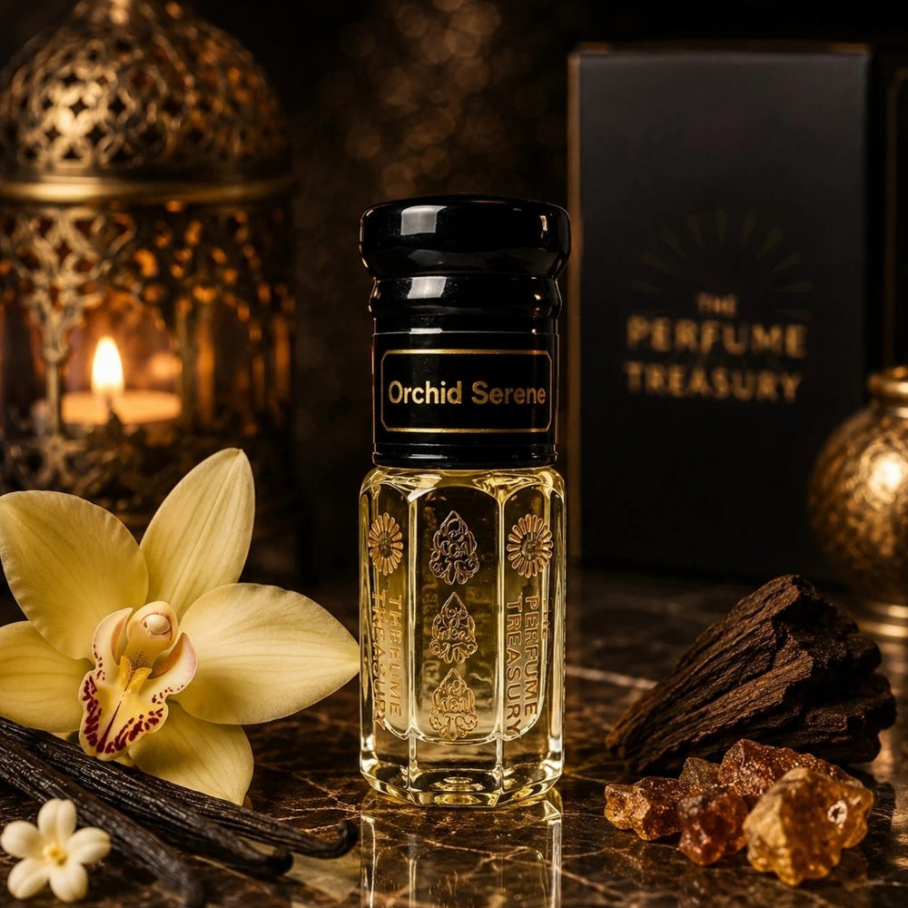 Orchid Serene perfume oil by The Perfume Treasury displayed with vanilla, orchid flowers, woods and warm ambient lighting.