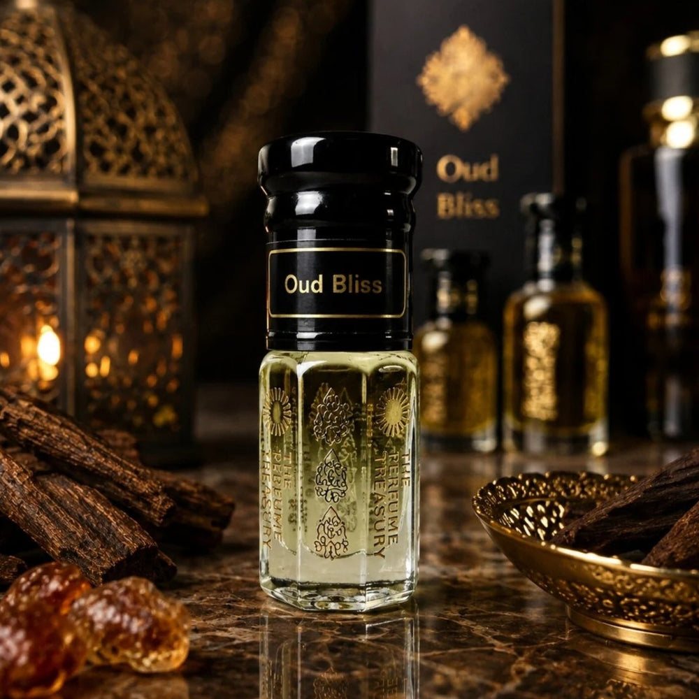 Oud Bliss perfume oil by The Perfume Treasury displayed in a luxurious dark setting with oud wood, amber resin and warm lantern lighting.